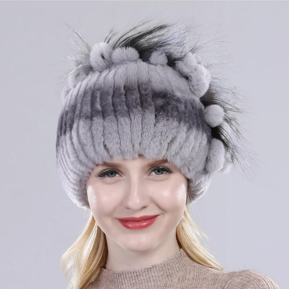Brand Women Genuine Rex Rabbit Fur Hats Winter Rex Rabbit Fur Beanies Striped Top Flower Fox Fur Warm Real Fur Knit Caps