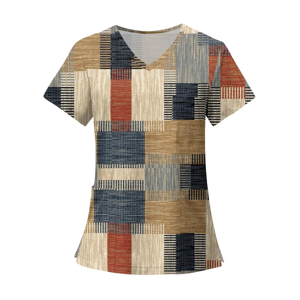Women's Fashion Printed Short Sleeve V Neck Pattern Tops Pocket Working T-shirts