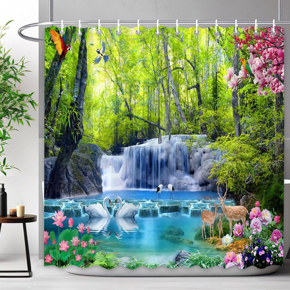 Waldwasserfall Duschvorhang Außen Naturlandschaft Üppige Wälder Grüne Pflanzen Blumig Polyester Duschvorhänge Badezimmer Dekoration