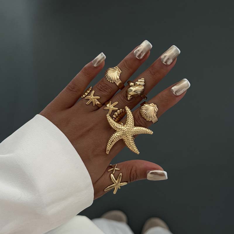 Vintage Gold Color Shell Flower Open Rings Set for Women Exaggerated Metal Geometric Personality Finger Rings Party Jewelry