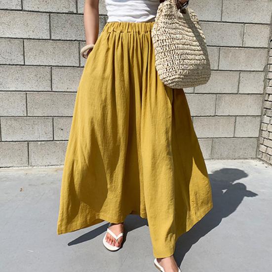 Women Pants Solid Color Side Pockets Temperament Elastic Waist Wide Leg Trousers Streetwear