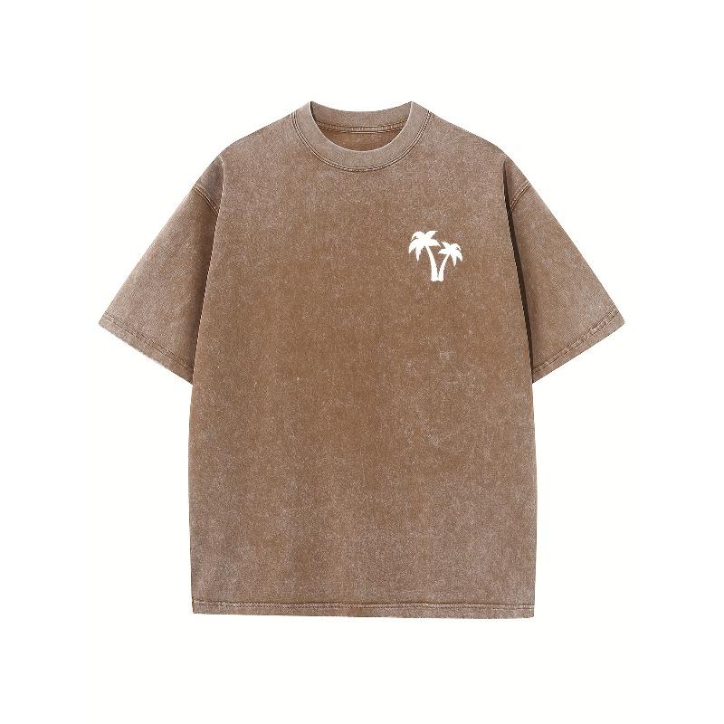 European sizes Coconut Tree Pattern Print Oversized Drop Shoulder Washed Men's Retro Street Basic Loose Hip-Hop Unisex T-Shirt