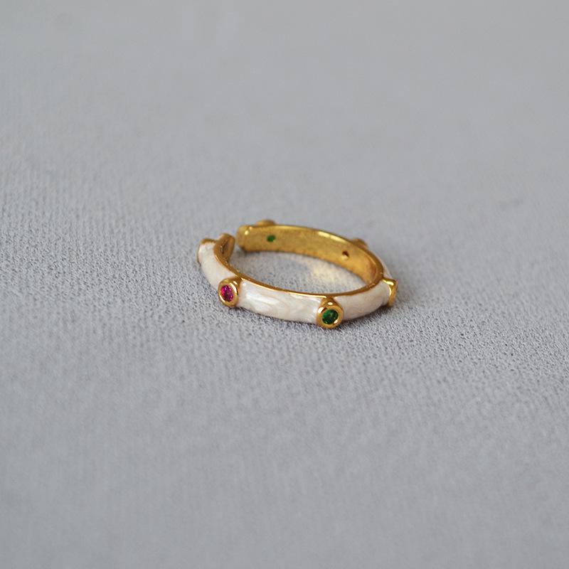 Handmade Enamel Bamboo Zircon Ring - Japanese and Korean Design, Delicate, Colorful, Stackable, Open, Simple and Exquisite