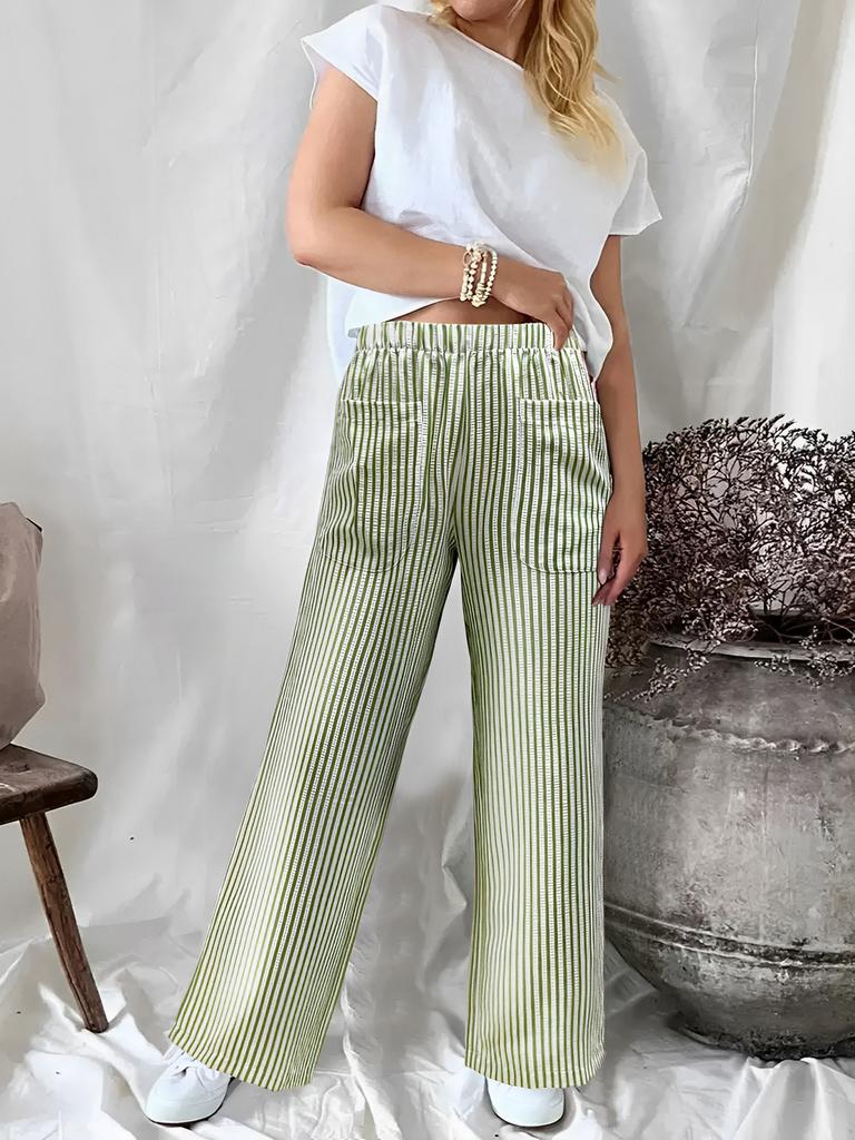 Nuovi Pantaloni Larghi a Righe con Tasche Moda Casual da Donna Autunno Inverno 2025