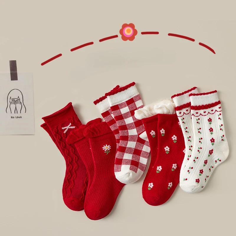 

5 пар детских носков для девочек весна-осень, новые литературные винтажные носки принцессы с кружевом и цветком, хлопковые носки средней длины для детей от 1 до 12 лет M(3-5 years)