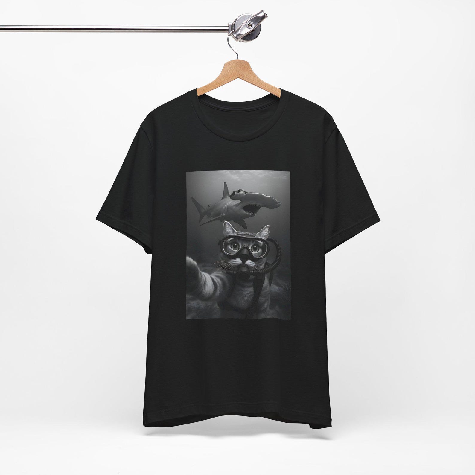Funny Scuba Diving Cat Selfie with Hammerhead Shark Unisex Tee Shirt 4XL