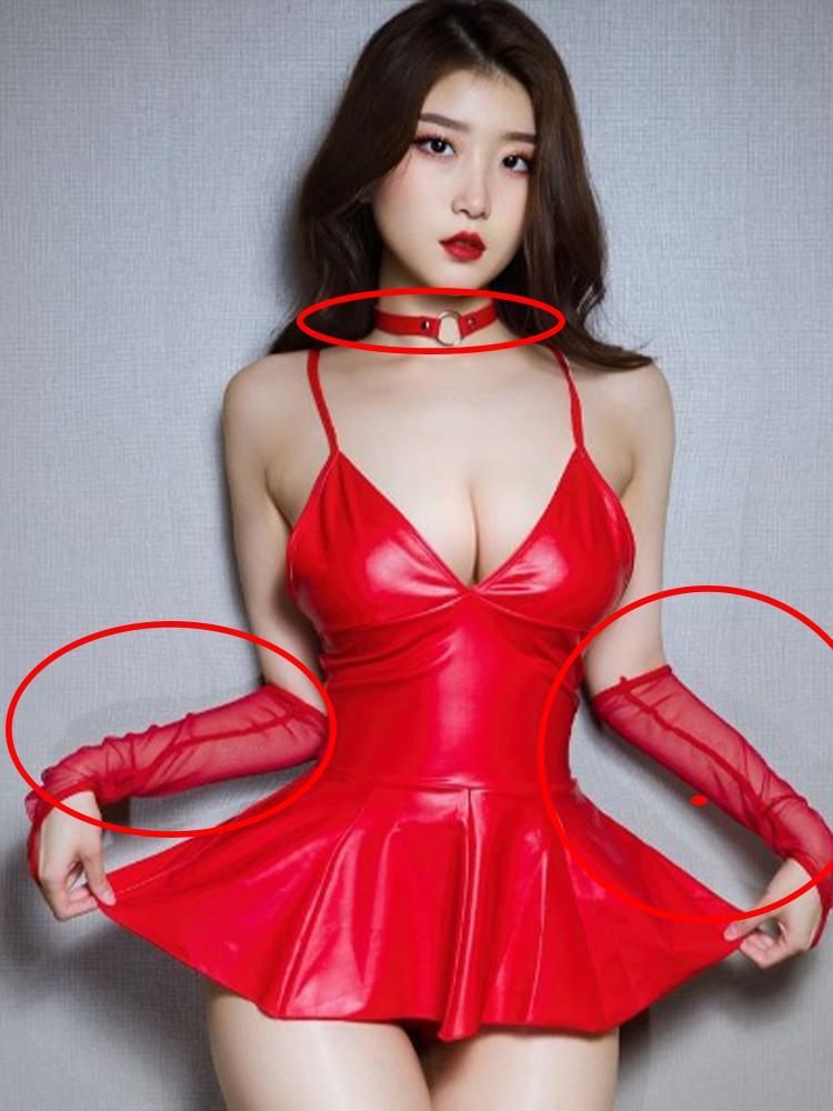 Sexy Wet Look PU Leather Dress Female Breast Exposing Bodysuit Hot Erotic Clubwear Sexy Elastic Latex Lingerie Cosplay Red Dress