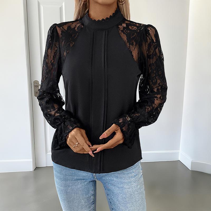 2025 New Autumn Versatile Sexy and Elegant Half Turtle Neck Solid Color Lace Long-sleeved Women's Shirt