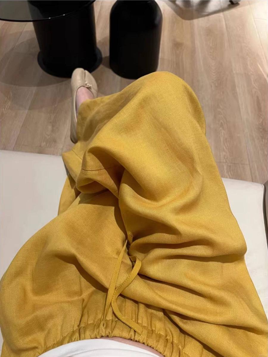 CHAO-Level Minimalist Ginger Yellow Wide-Leg Tencel Linen Pants with Elastic Waist and Drawstring for Spring/Summer Large жёлтый/имбирный