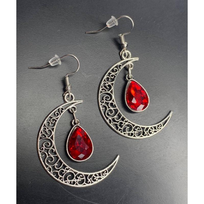 Gothic Alloy, Blood Moon Earrings, Blood, Handmade, Crescent Moon, Blood Drop, Poison, Rhinestone Earrings, Moon