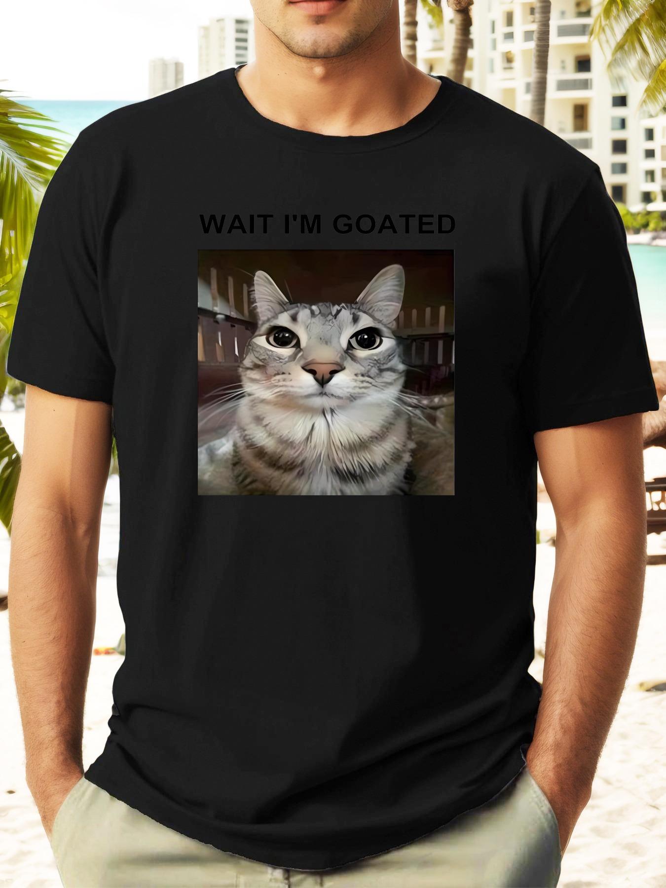 

Wait I m Goated Cat Graphic Navy Blue Casual T-shirt - Summer Short Sleeve Round Neck Tee M