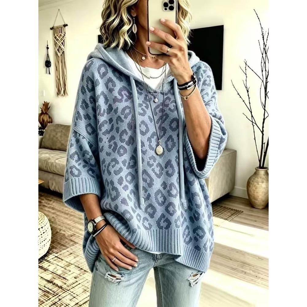 Felpa da Donna con Cappuccio Stampa Leopardo Coulisse Autunno Inverno Oversize