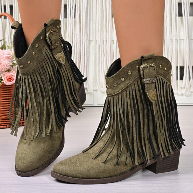 Fashion Vintage Tassel Detor Ankle Boots Women Spring Autumn Pointed Toe Square Heel Boots Woman Fashion Slip On Plus Size Booties Lady