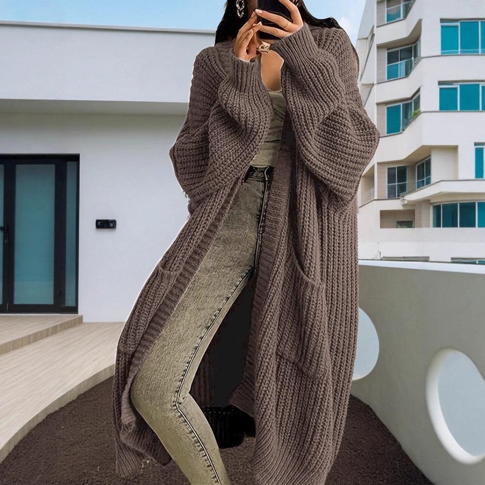 Dames Winter Herfst Trui Vesten Lange Mouw Maxi Gebreide Bovenkleding Jassen Zakken Jassen