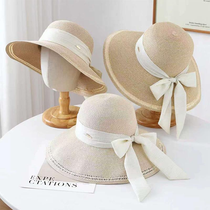 French bow elegant straw hat women's spring summer eaves sun hat beach vacation face hat