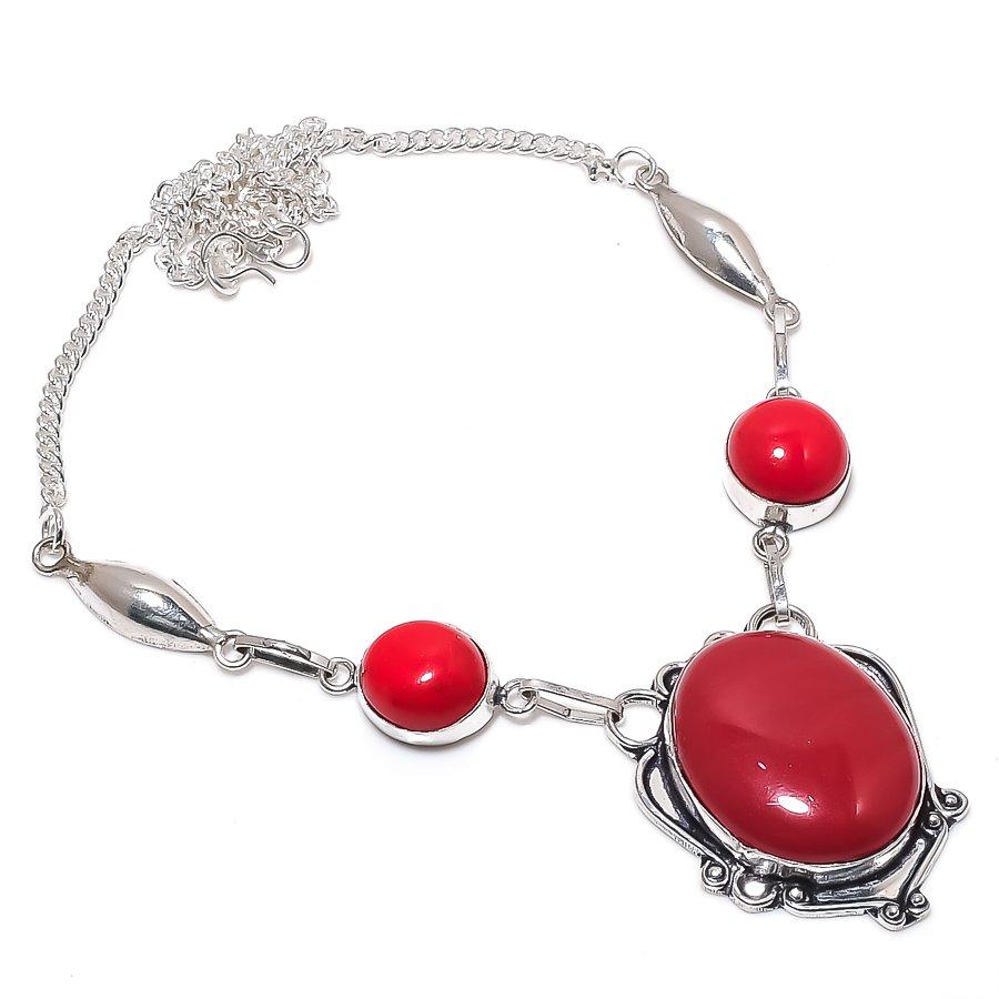 Italian Red Coral Gemstone 925 Sterling Silver Jewelry Necklace 18"
