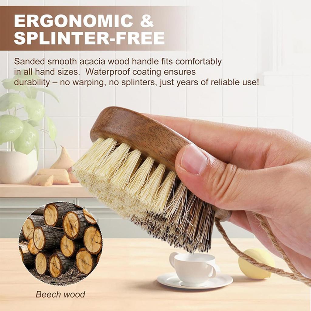 Natural Solid Wood Kitchen Cleaning Brush Dual Bristle Fruit Vegetable Scrub Brush Dish Pot Sink Scrubber with Hanging Rope for Potato Carrot Cookware