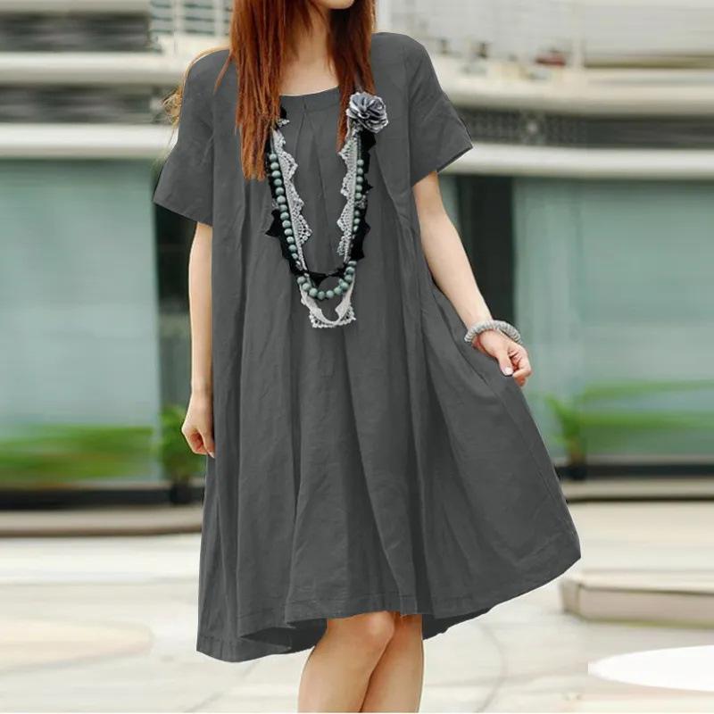 Women's Mid-length Dress Fashion Loose Pleated Round Neck Short-sleeved Dress