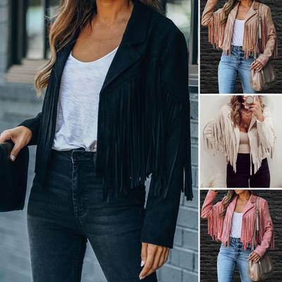 Women's Casual Tassel Jacket Long Sleeve Lapel Fringed Cropped Coat Faux Suede