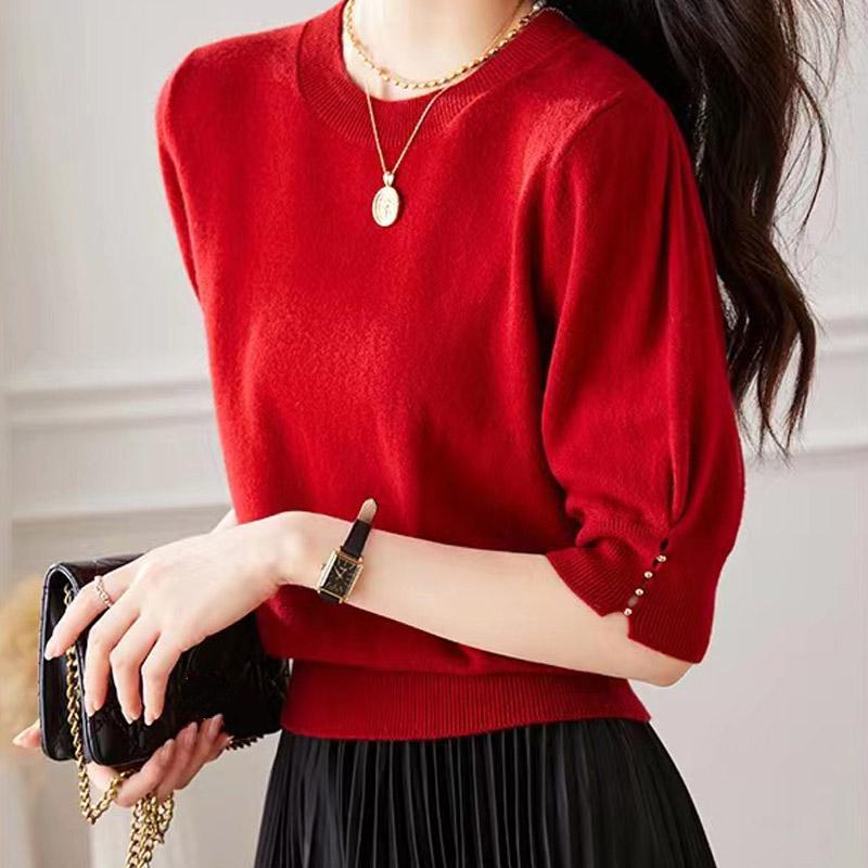 Women Sweaters Pullovers 2025 Summer Short Sleeve O-Neck Black White Knitted Sweater Women Tops Pullover JJ326