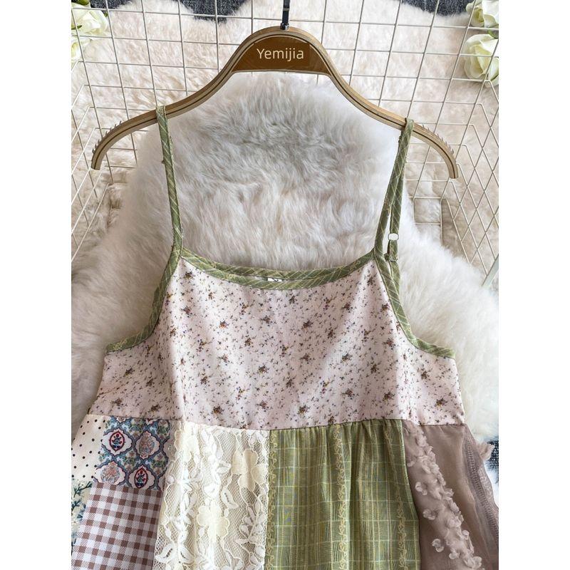Yunnan Tourism Seaside Vacation Style Vintage Floral Splicing Sling Dress Female Summer Small Loose Long Dress