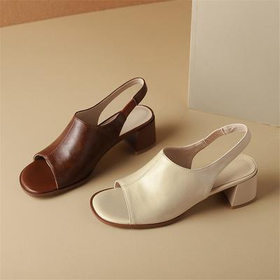 Mode Nouveaux Sandales d'Été en Cuir Fendu Sandales à Bout Rond pour Femmes Talons Hauts Mode Rétro Talons Carrés Sandale Chaussures pour Dames Femmes