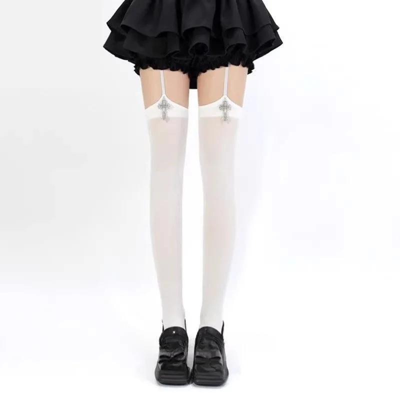 Medias de Cruz Gótica para Mujer Cinturón Sexy Medias Negras Calcetines Medias Blancas Hasta el Muslo Calcetines Pantimedias de Cosplay Lolita
