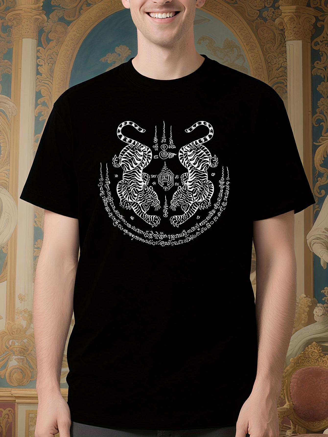 Thai Tattoo Twin Tigers Graphic Tee - Black Shirt with Wh... S