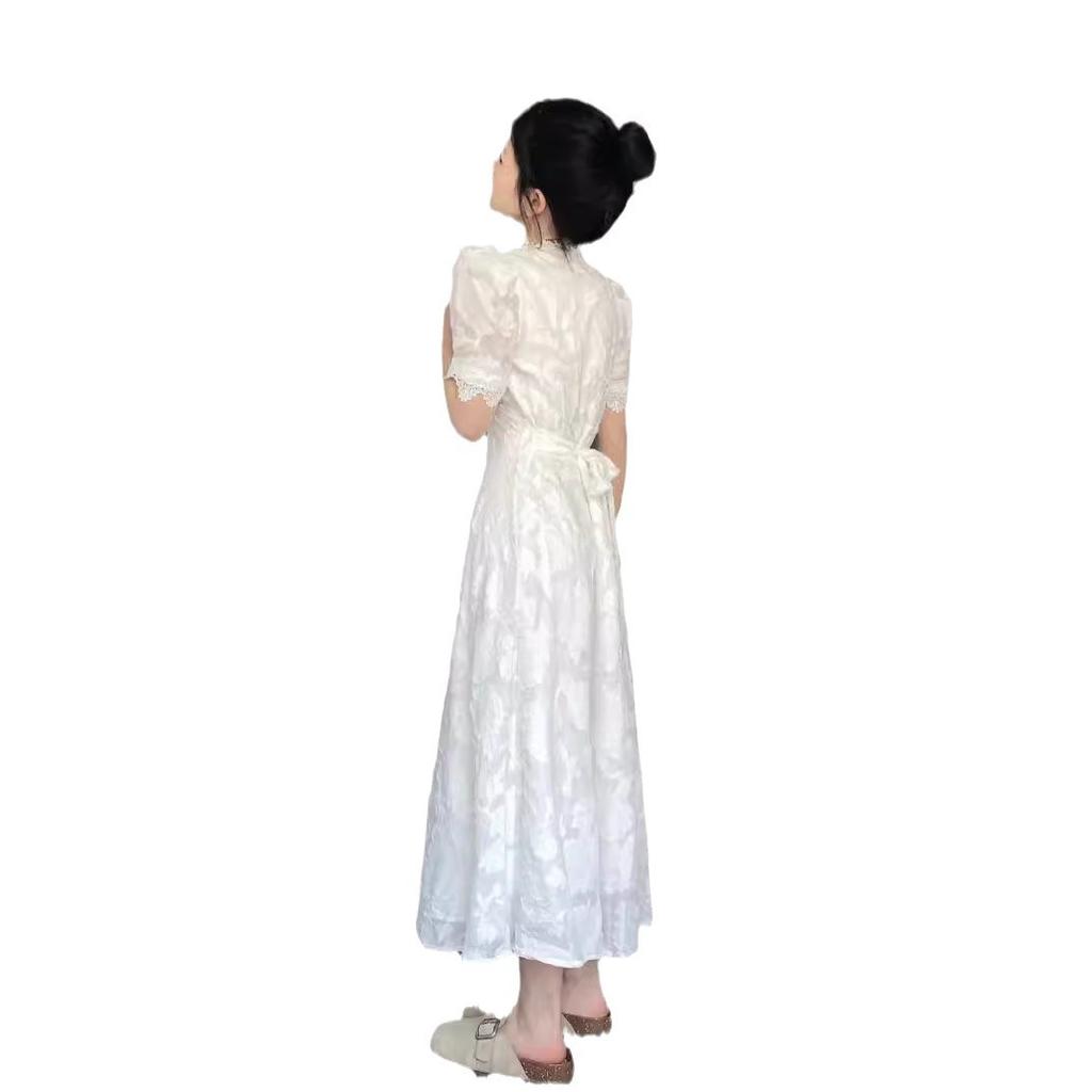 French White Lace Bubble Sleeve Dress Women's Summer New High-end Waist Gentle Short-sleeved Long Skirt