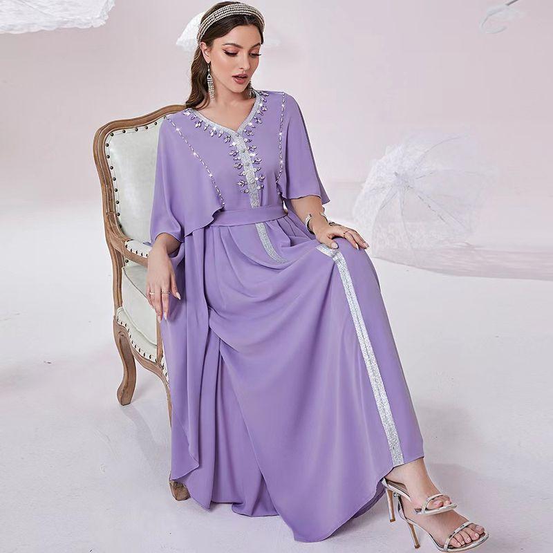 Fashion V-neck Handmade Seam Drill Dress Party Long dress Hand Sewn Diamond V-Neck Dress