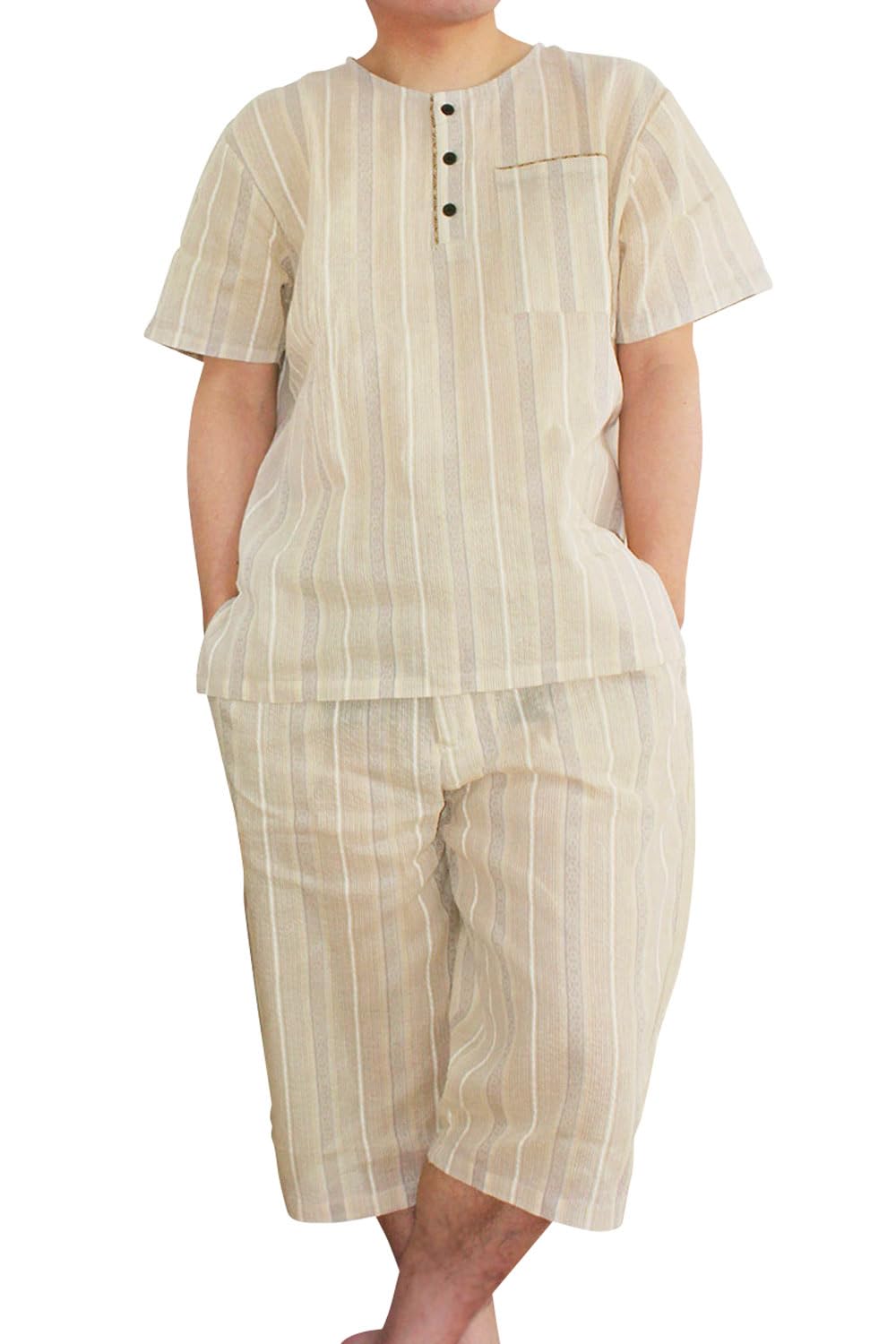 

Джинбей Хенли с коротким рукавом, на молнии спереди, размер 3L [Ookini] Мужская пижама, Шея, Пижама, Мужская ночная одежда, Открывающийся, (Бежевые полосы), Длина 3/4,