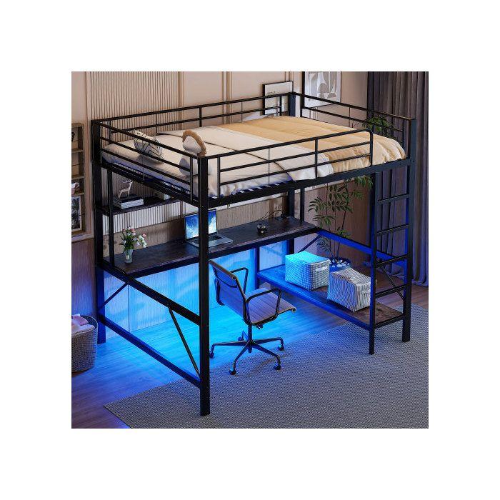 Lit mezzanine - MUVOE - 140x200 cm - Noir - Prises USB et électrique - Éclairage 7 couleurs