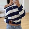 Autumn Winter New Fashion Casual Loose Shoulder Stripe Color Block Knit Sweater