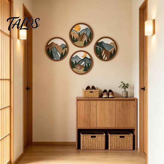 Wooden Forest Wall Art 4Pcs Boho Mountain Art, 2D Flat Abstract Landscape Decor, Geometric Hanging Sign, Natural Artwork, Sun Moon Pine Tree Decor for