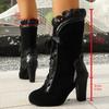 Fashion Mid Calf Boots for Women Low Heel Leather Women's Thick Heel Pointed Toe Boots Fashion Casual Lace Suede Lace Women Comfy Boots