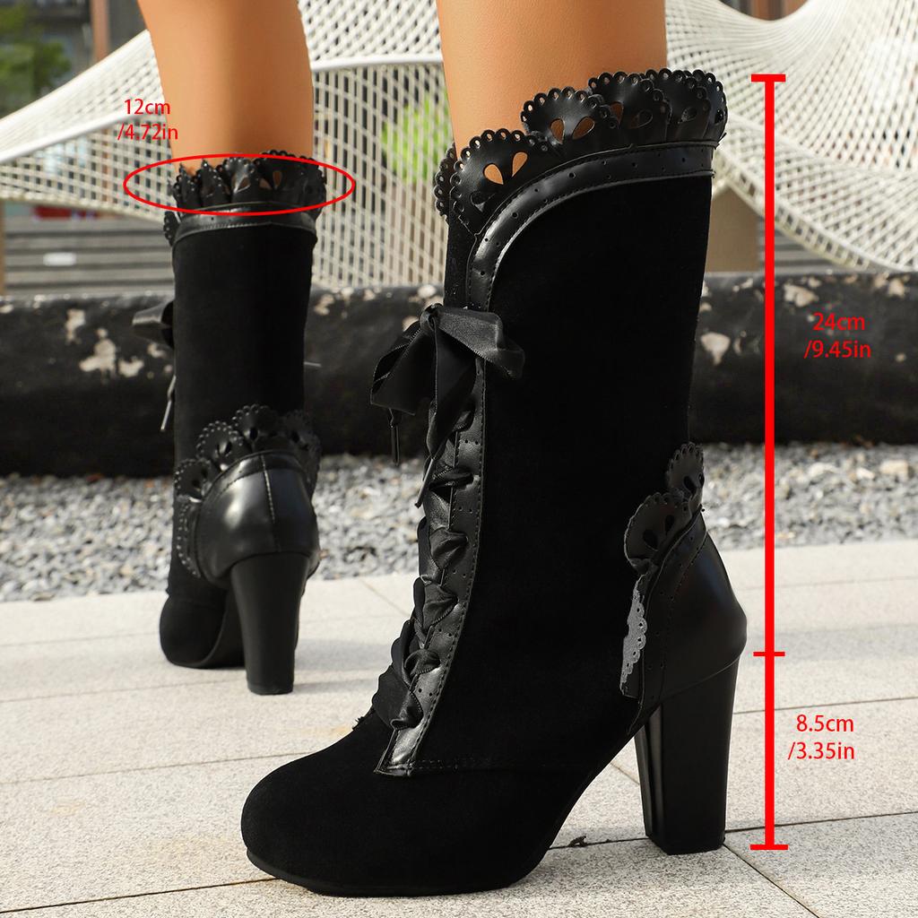 Fashion Mid Calf Boots for Women Low Heel Leather Women's Thick Heel Pointed Toe Boots Fashion Casual Lace Suede Lace Women Comfy Boots