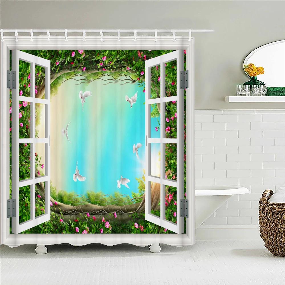 Bath Curtain 3d Printing Window Scenery Forest Shower Curtains 180*200cm Waterproof Bathroom Curtain Washable Fabric With Hooks