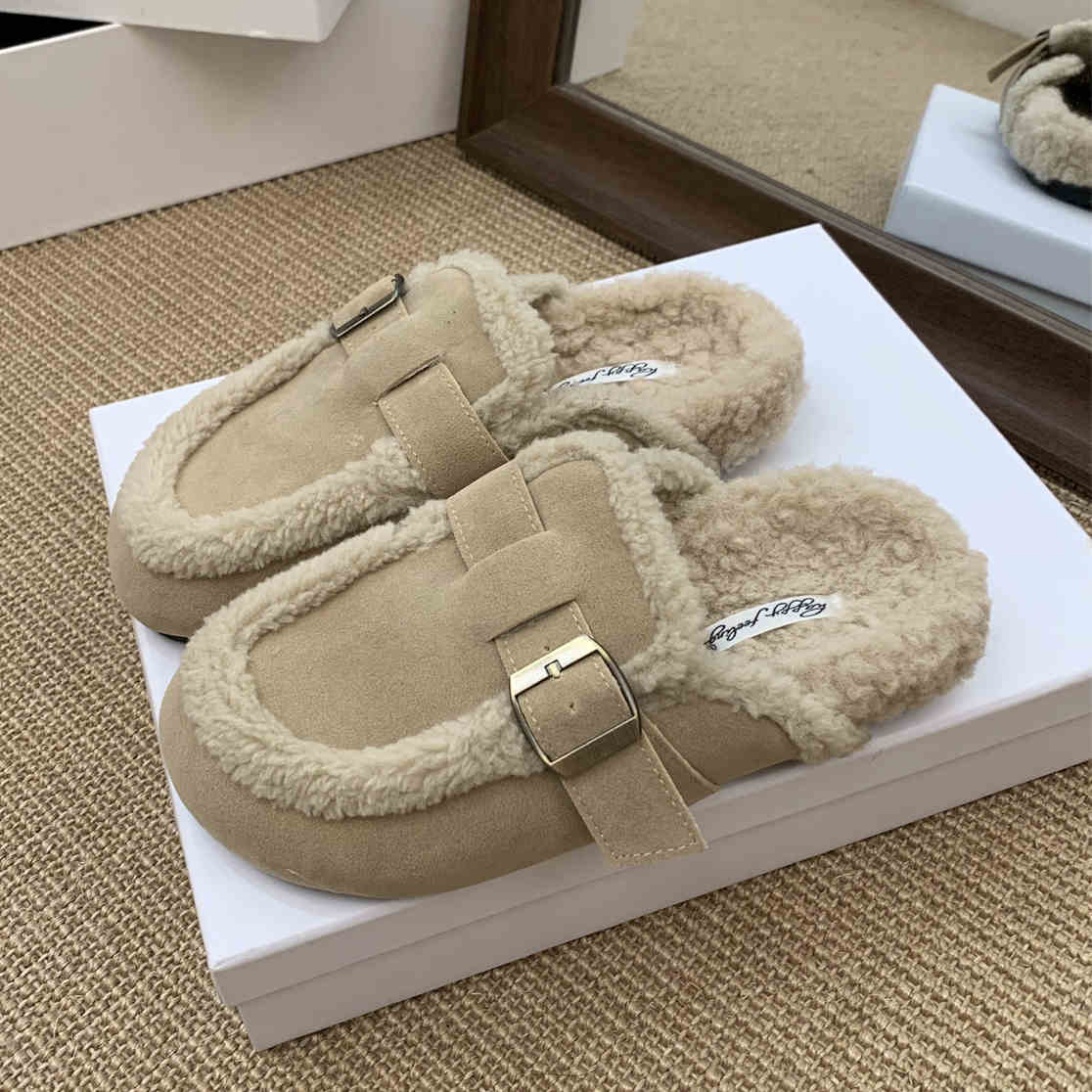 

Flats Platform Cotton Slippers Women Fur Mules Shoes 2025 Winter New Plush Warm Slides Trend Soft Leather Cozy Casual Shoes 35