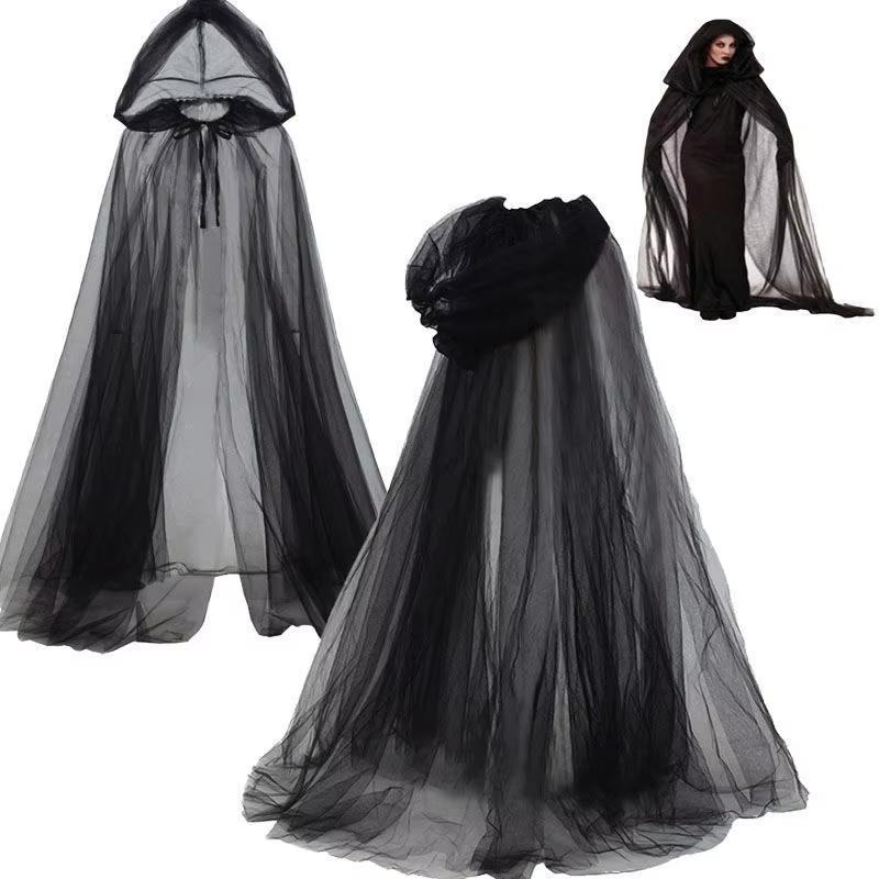 Svart brudeskjerf Heks Vampyr Cosplay Kappe Halloween Dobbel Kappe Spillfest Kostyme Rekvisitter Ferie Utkledning