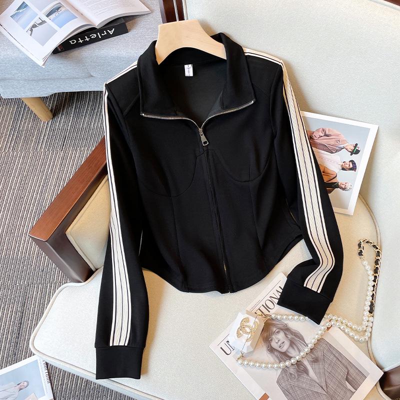 Übergröße Damen Frühlingsmode Zweiteiler: Stehkragen-Oberteil mit Workwear-Hose mit drei Streifen