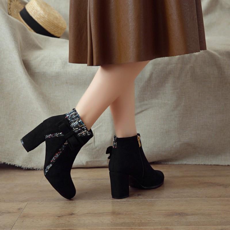 Womens Short Boots High Block Heel Pointed Toe Suede Ankle Winter Fashion