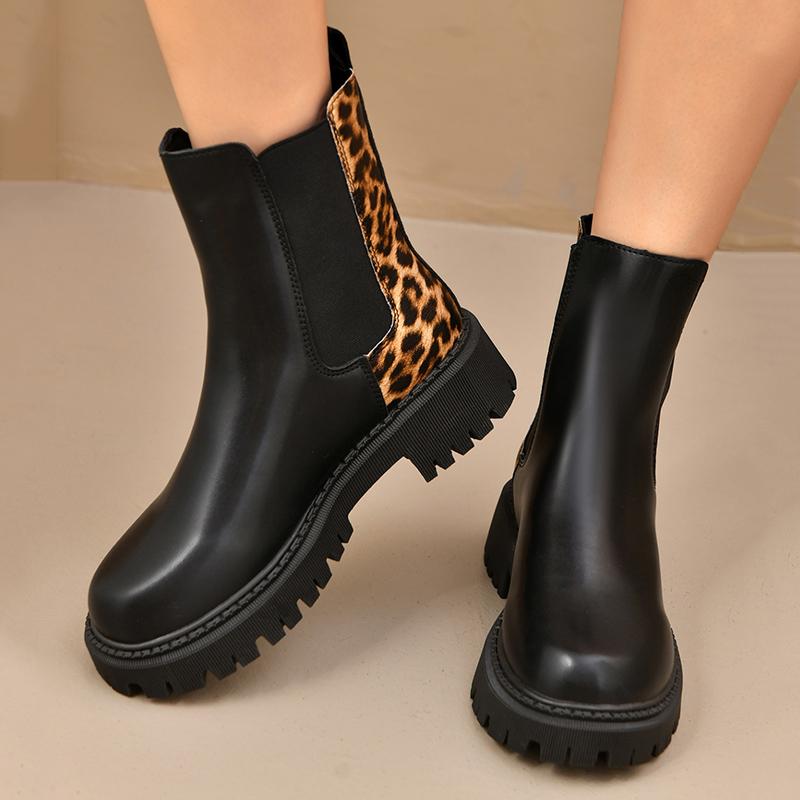 Fashion Fashion Leopard Print Platform Chelsea Boots Women Slip On Plus Size Thick Sole Ankle Boots Woman Pu Leather Short Booties Mujer