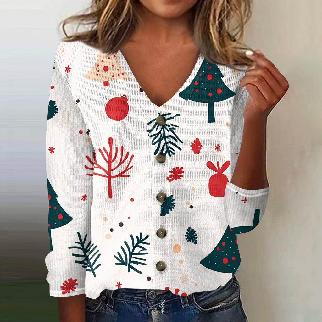 Damen Mode Print Langarm Strickjacke mit Knopfleiste