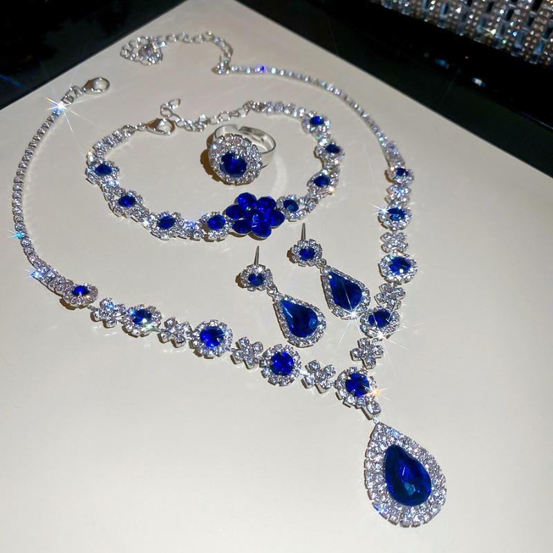 Diamond Water Drop Flower Bracelet Ring Earrings Necklace Four-piece Set Court Style Collarbone Chain Light Luxury High-end Jewelry
