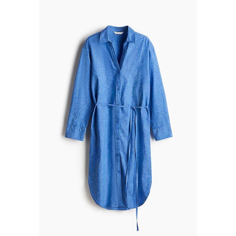 

HM Women s clothing dress 25 Summer New Breathable Linen Blend Knee-Length Loose Shirt Dress 1275726 Blue 155/80