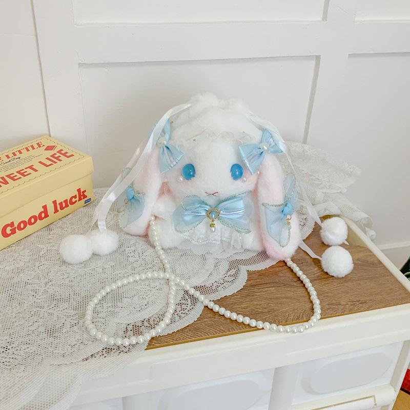 Lolita Plüsch Hasen Tasche mit Schleife, Perlenkette und Herz Design - Süße Girly Umhängetasche