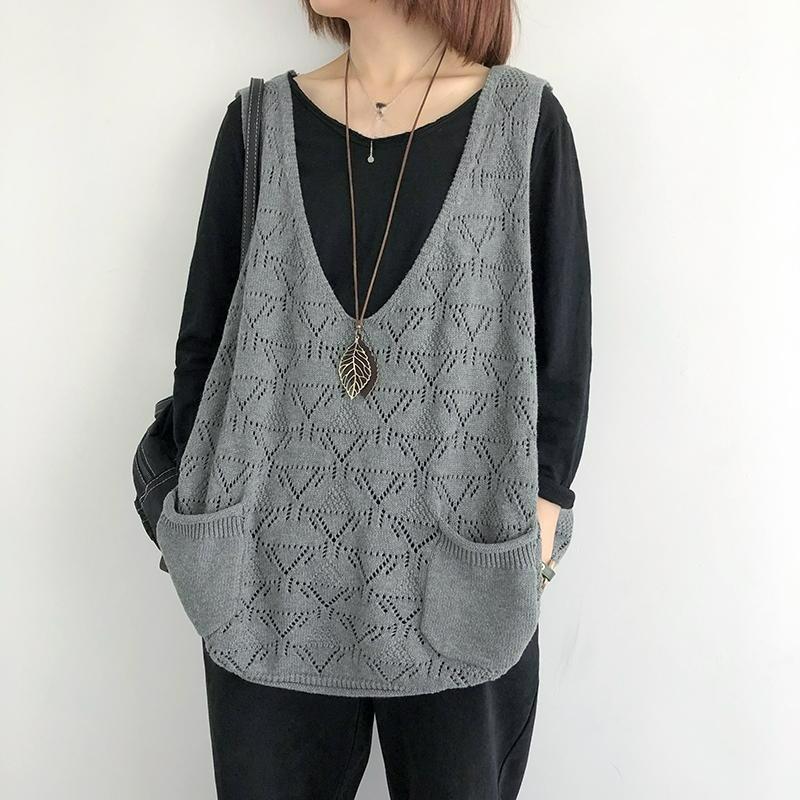 V-neck Rhombic Knitted Vest Women's Spring and Autumn Loose Outer Wear Hollow Sweater Vest Casual Sleeveless Vest
