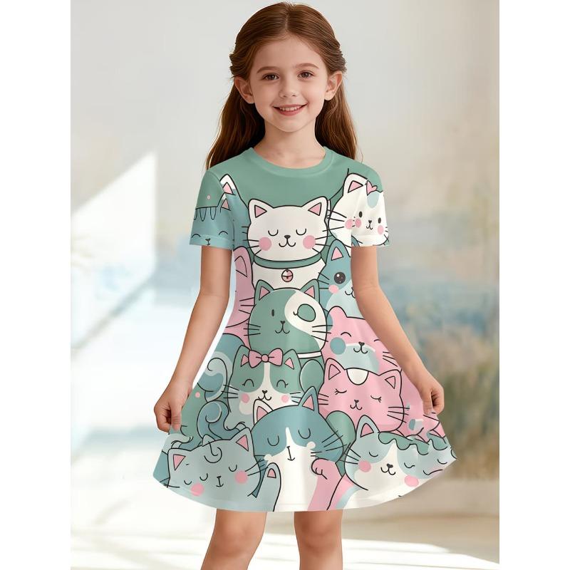 Cute Cat Girls' Princess Dress Summer Casual Dress for Girls Cartoon Graphic Outfit O-Neck Birthday Gifts Children Clothes