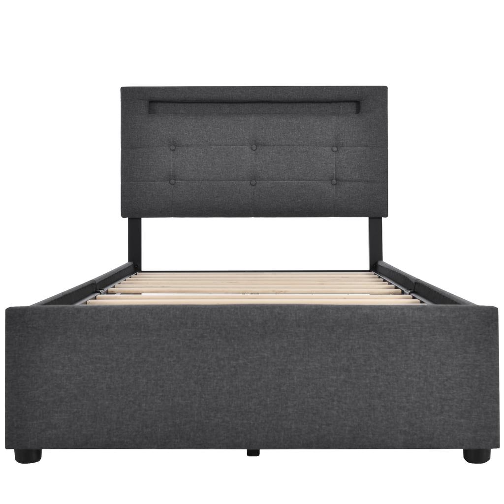 Bed Frame with LED Lighting and 2 Drawers, Single Upholstered Bed 90x200cm, Height-Adjustable Headboard, Wooden Slatted Frame, Grey (Without Mattress)