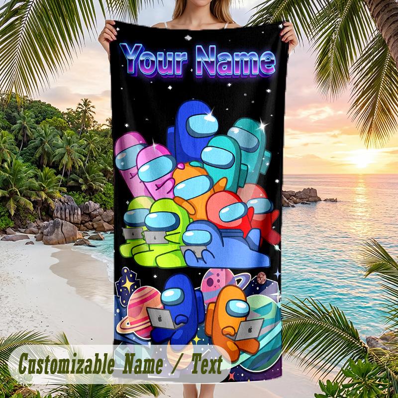 Among Us Beach Towel, Personalized Custom Text, Quick Dry Soft Large Towel For Swimming Pool Travel